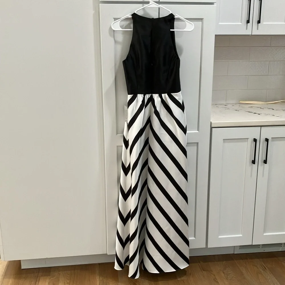 NWT Alfred Sung Formal Striped Skirt Satin Twill Pockets Sleeveless Maxi Dress - Picture 2 of 12